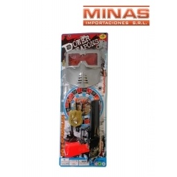 ARMA +DARDOS+ MASCARA + PLACA POLICIAL.