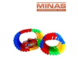 AUTO ROJO X 8 CM CON LUCES + PISTA FLEXIIBLE MULTICOLOR.