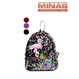 MOCHILA CON FLAMENCO 4 COLORES ROJA FUCSIA NEGRA DORADO 34X28CM