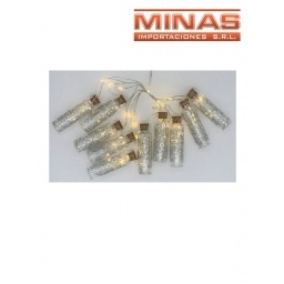 GUIRNALDA LED DE 10 BOTELLITAS, A PILA, CON GLITER PLATEADO.