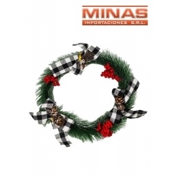 CORONA NAVIDEA  X 20 CM,MOAS BLANCO Y NEGRO CON BAYAS.