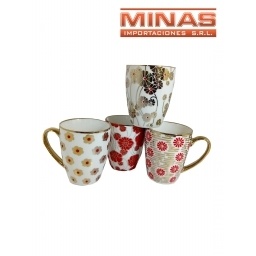 TAZA DE CERAMICA X 350 mI, FLORES ROJAS CON DORADO.