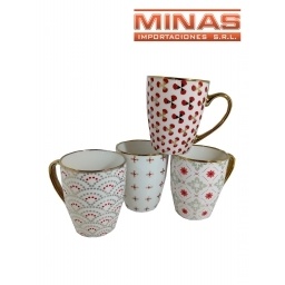 TAZA DE CERAMICA X 350 mI, DETALLES DORADO Y ROJO.