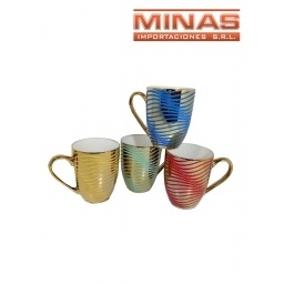 TAZA DE CERAMICA X 350 mI, DORADAS CON LINEAS DE COLOR.