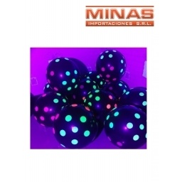 GLOBOS FLUOR NEON X 10 UND,NEGROS CON LUNARES, BRILLAN CON LUZ UV,