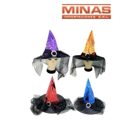 GORRO PARA BRUJAS CON VELO Y TELARAA, 4 COLORES.