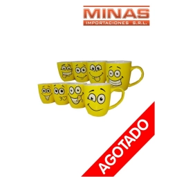 TAZA CARITAS AMARILLAS DE 8.5 CM, 8 MODELOS, EN CAJA.