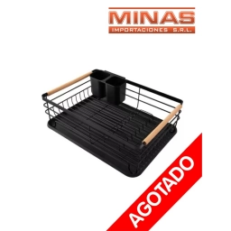 ESCURRIDOR 42 CM X 32 CM X14 CM, NEGRO CON DETALLES DE MADERA.