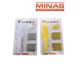 VELAS X 16 UND + 8 PORTAVELAS + PALA DE TORTA, DORADO O PLATEADO.