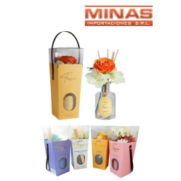 DIFUSOR DE AROMAS X 200 ml, CON FLORES, EN ESTUCHE, 4 AROMAS.