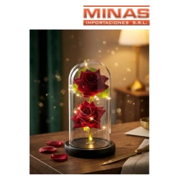 CUPULA CON ROSAS ROJAS Y LUZ, EN CAJA DE REGALO.