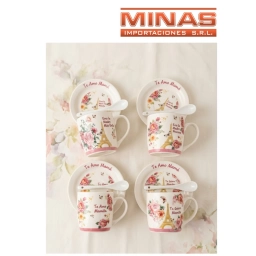TAZA + PLATO + CUCHARA, FELIZ DIA MAMA, 4 MODELOS.