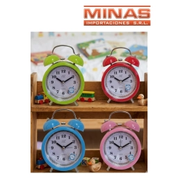 RELOJ DESPERTADOR X 12 CM,CON DOBLE CAMPANA DE METAL, 5 COLORES.
