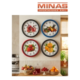 RELOJ DE PARED DE 25 CM,4 DISE�OS DE FRUTAS.